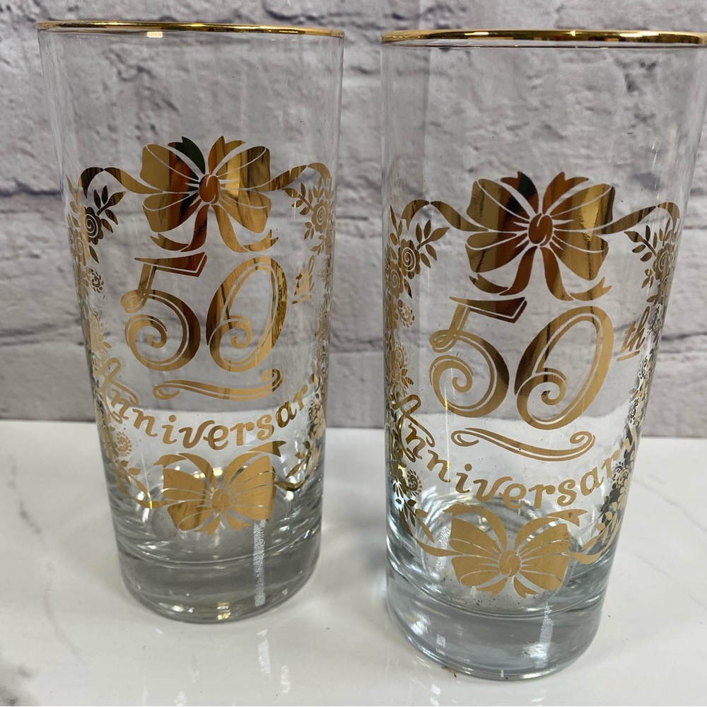 SET OF 2 Vintage Lotus 50th ANNIVERSARY Tumbler Glassware MCM Gold Pattern